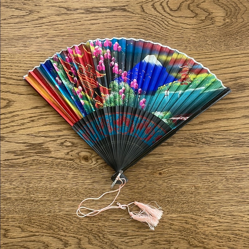 Vintage Japanese Colorful Hand Fan with Scenic Design